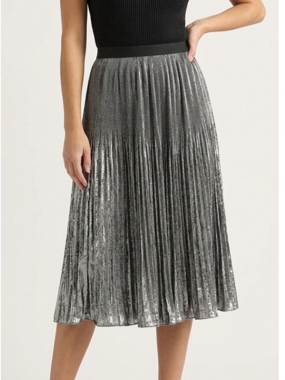 WDNY Metallic Accordion Pleat Midi Skirt silver A-line L NWT party